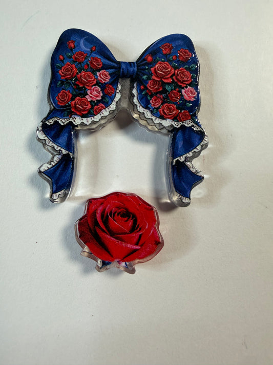 Acrylic focal 2 piece set Bow blue with red rose