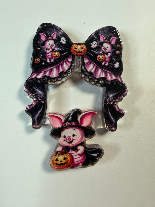 Acrylic focal 2 piece set Bow Halloween piglet