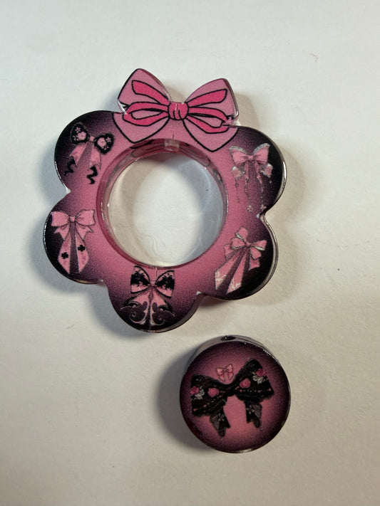 Acrylic focal 2 piece set Wreath black and pink bows