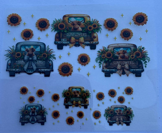 Uvdtf wraps Mini Stanley highland cows with sunflowers old trucks