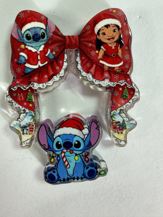 Acrylic focal 2 piece set bow Christmas stitch