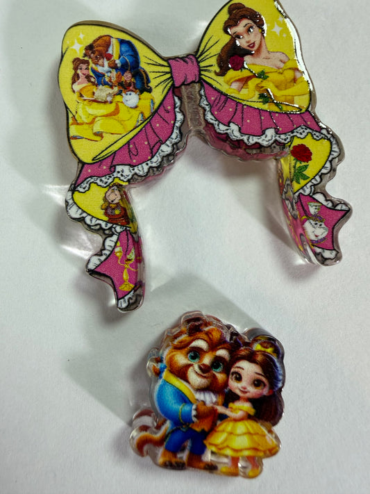 Acrylic focal 2 piece set bow  Yellow and pink  beauty and beast