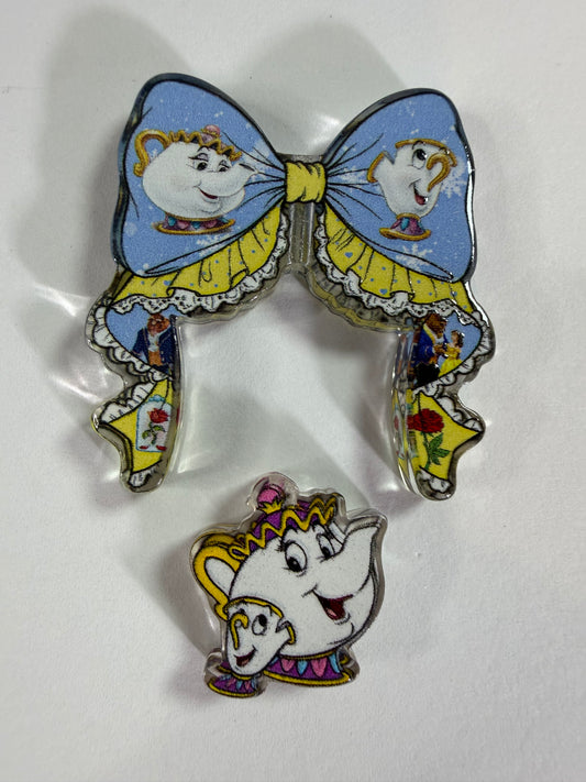 Acrylic focal 2 piece set bow beauty and beast tea cups on blue and yellow