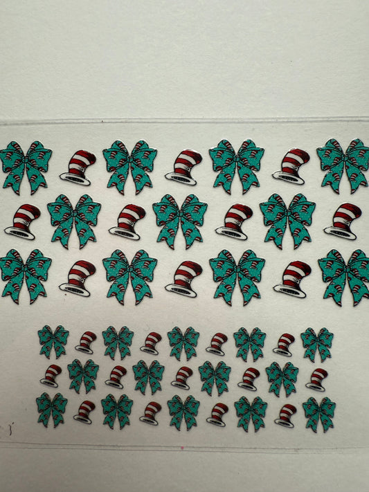 Uvdtf wraps Mini Stanley cat in the hat with teal bows