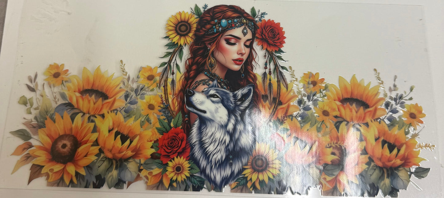 Cup wraps uvdtf  Native American with wolf and sunflowers