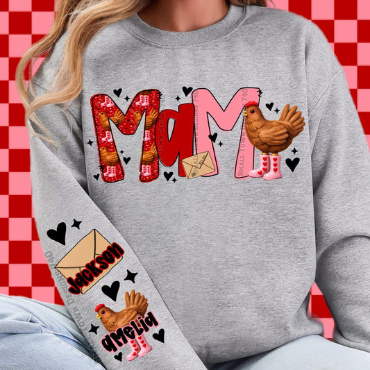 Custom clothing mama chicken with names added to sleeve