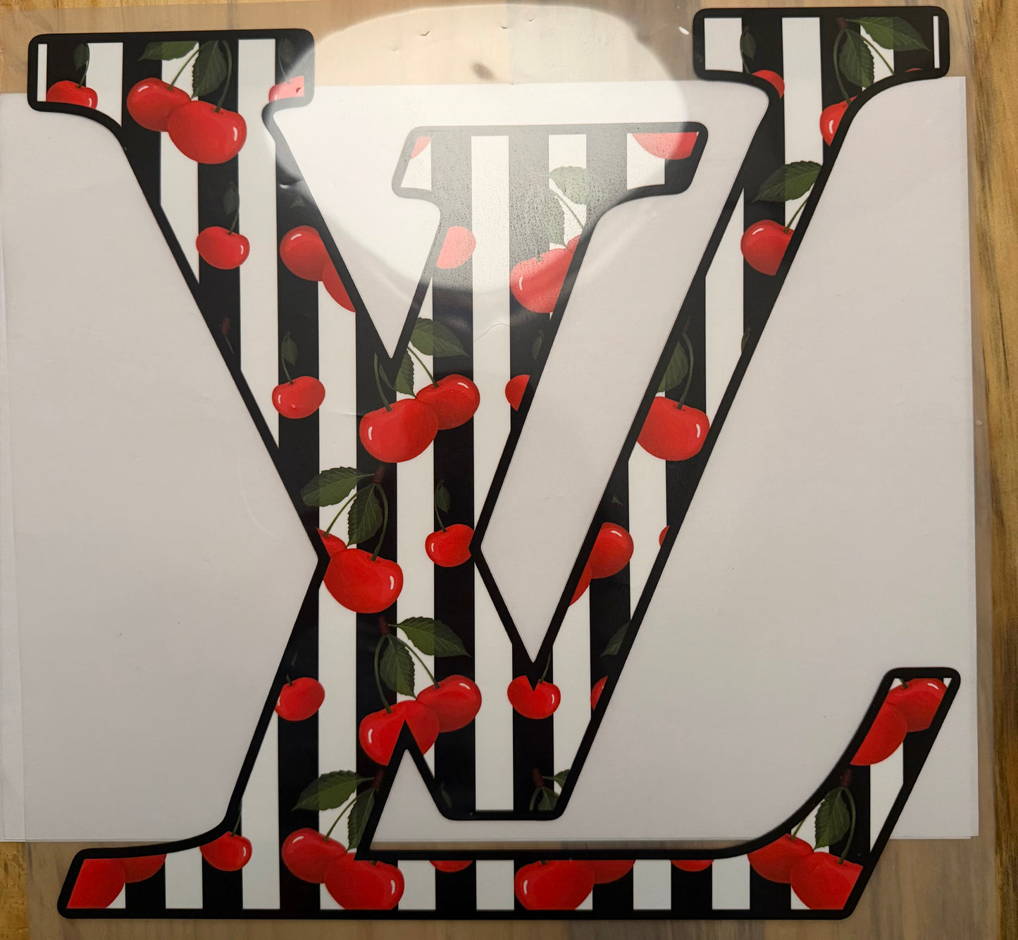 custom dtf prints black and white striped Lv with cherries