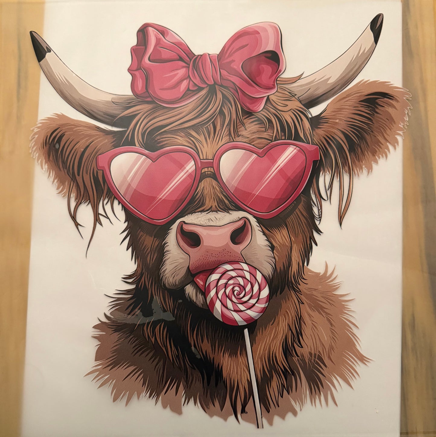 custom dtf prints Highland cow with heart sunglasses and lollipop