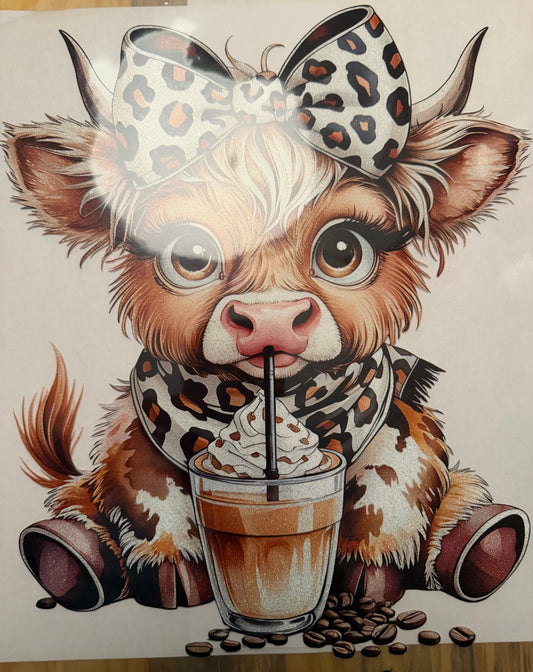 custom dtf prints highland cow cheetah bow with coffee