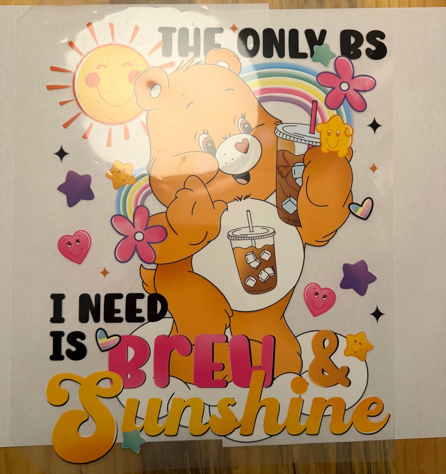 Custom dtf prints Care Bears sunshine and brew