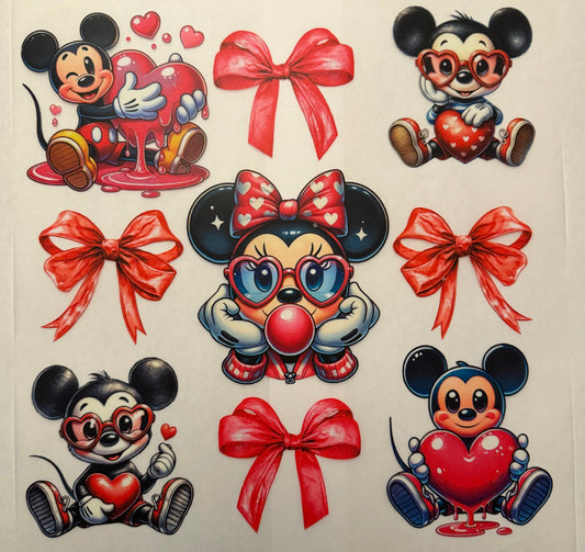 Custom dtf prints Mickey and Minnie with red bows