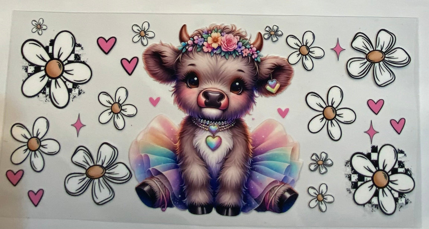 uvdtf  transfer wrap highland cow with rainbow tutu and white floral