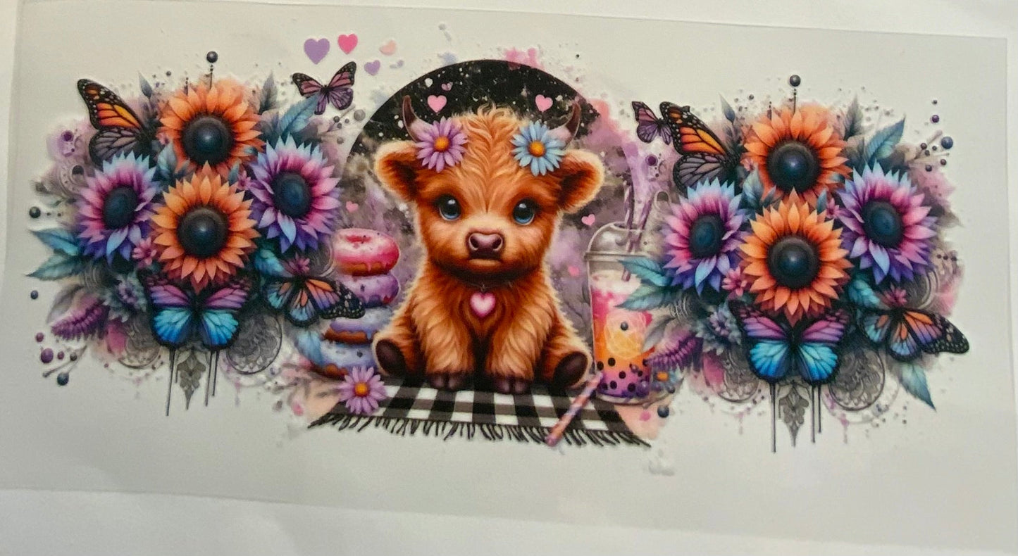 uvdtf  transfer wrap highland cow with rainbow sunflowers