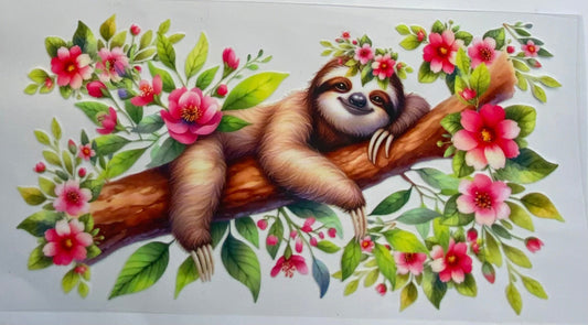 uvdtf  transfer wrap sloth on a branch with floral`