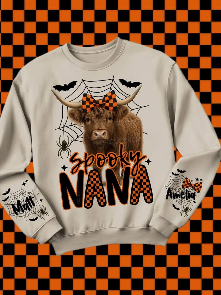 Custom sweater  Halloween highland cow wifey,Nana or mama with names on sleeve