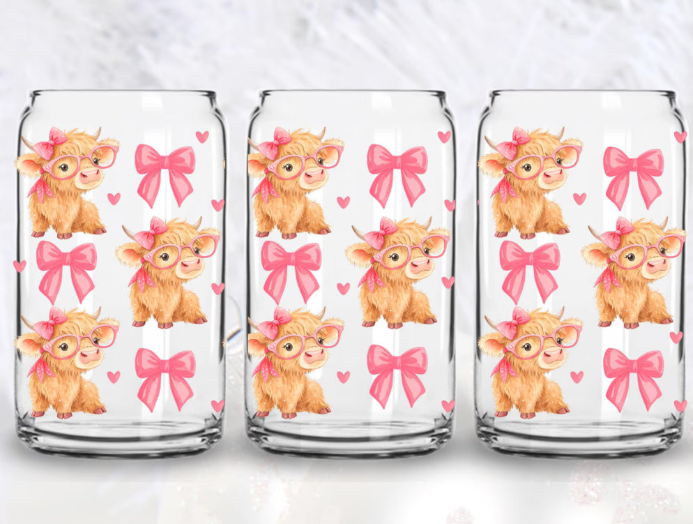 uvdtf  transfer wrap highland cow with pink bow and hearts