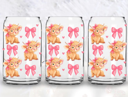 uvdtf  transfer wrap highland cow with pink bow and hearts