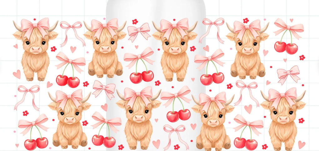 uvdtf  transfer wrap pink bow highland cow with cherries