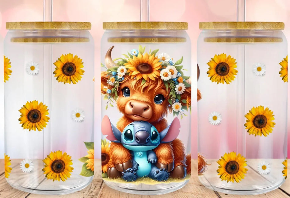 uvdtf  transfer wrap highland cow with stitch and sunflowers
