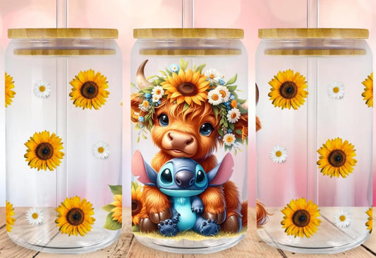 uvdtf  transfer wrap highland cow with stitch and sunflowers