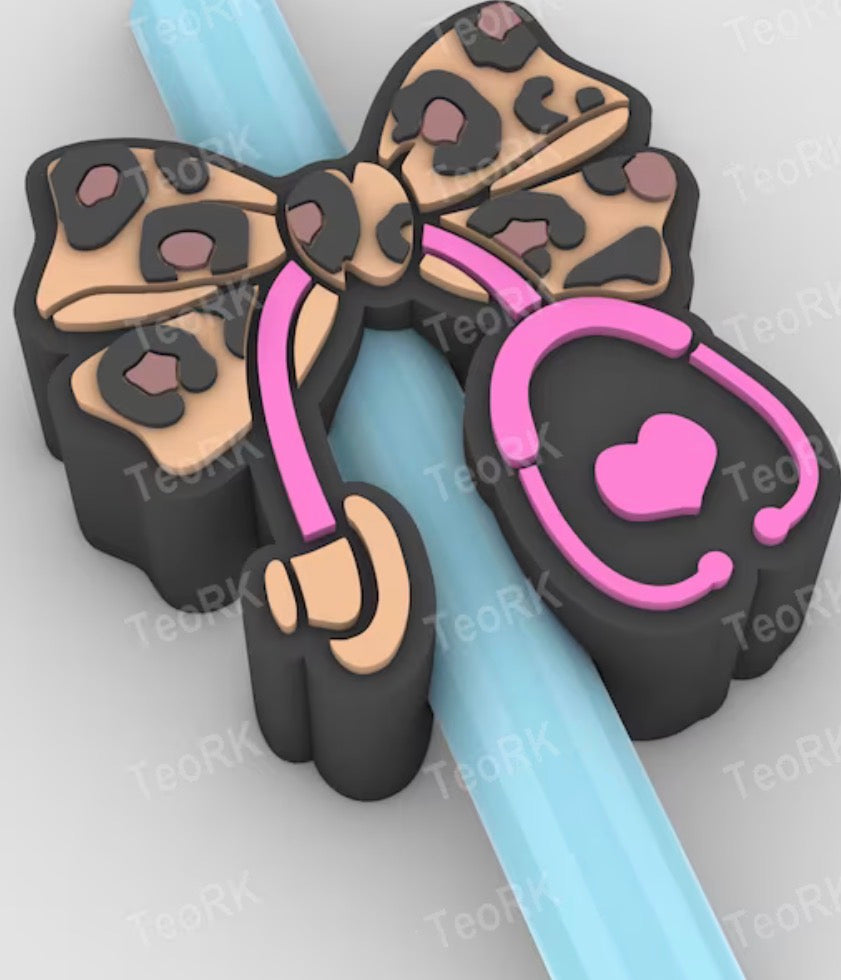 3d printed straw topper  stethoscope with brown leopard bow