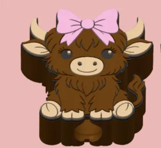 3d printed straw topper Highland cow with pink bow