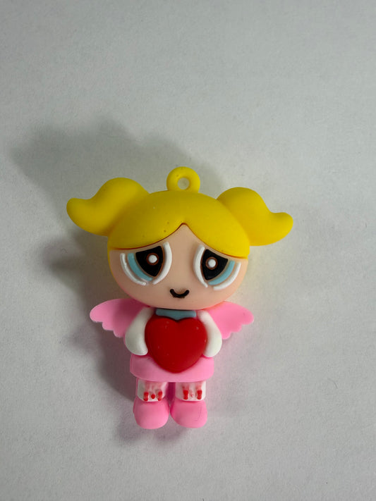 Pen topper silicone Powder puff Yellow hair with heart