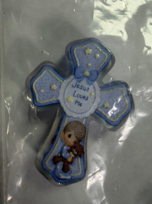 Acrylic focal Precious moments cross blue