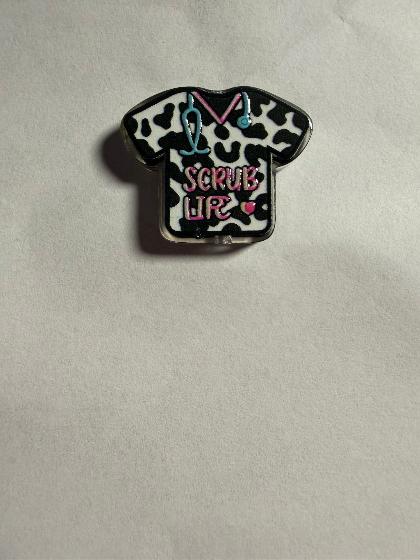 Acrylic focal nurse scrub cow print