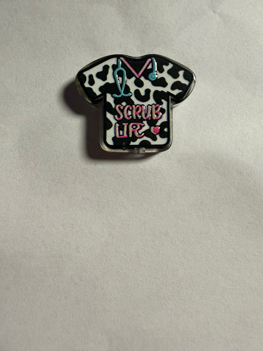 Acrylic focal nurse scrub cow print