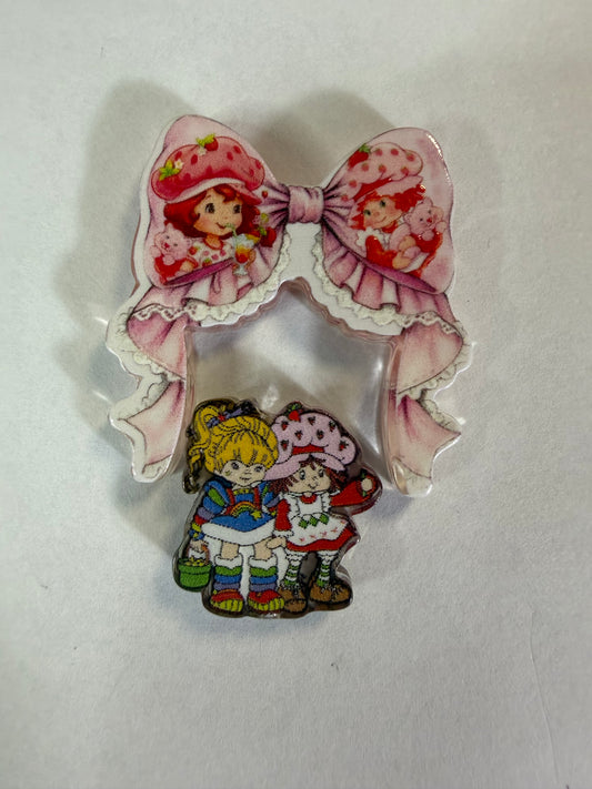 Acrylic focal 2 piece set bow Strawberry girl with rainbow girl